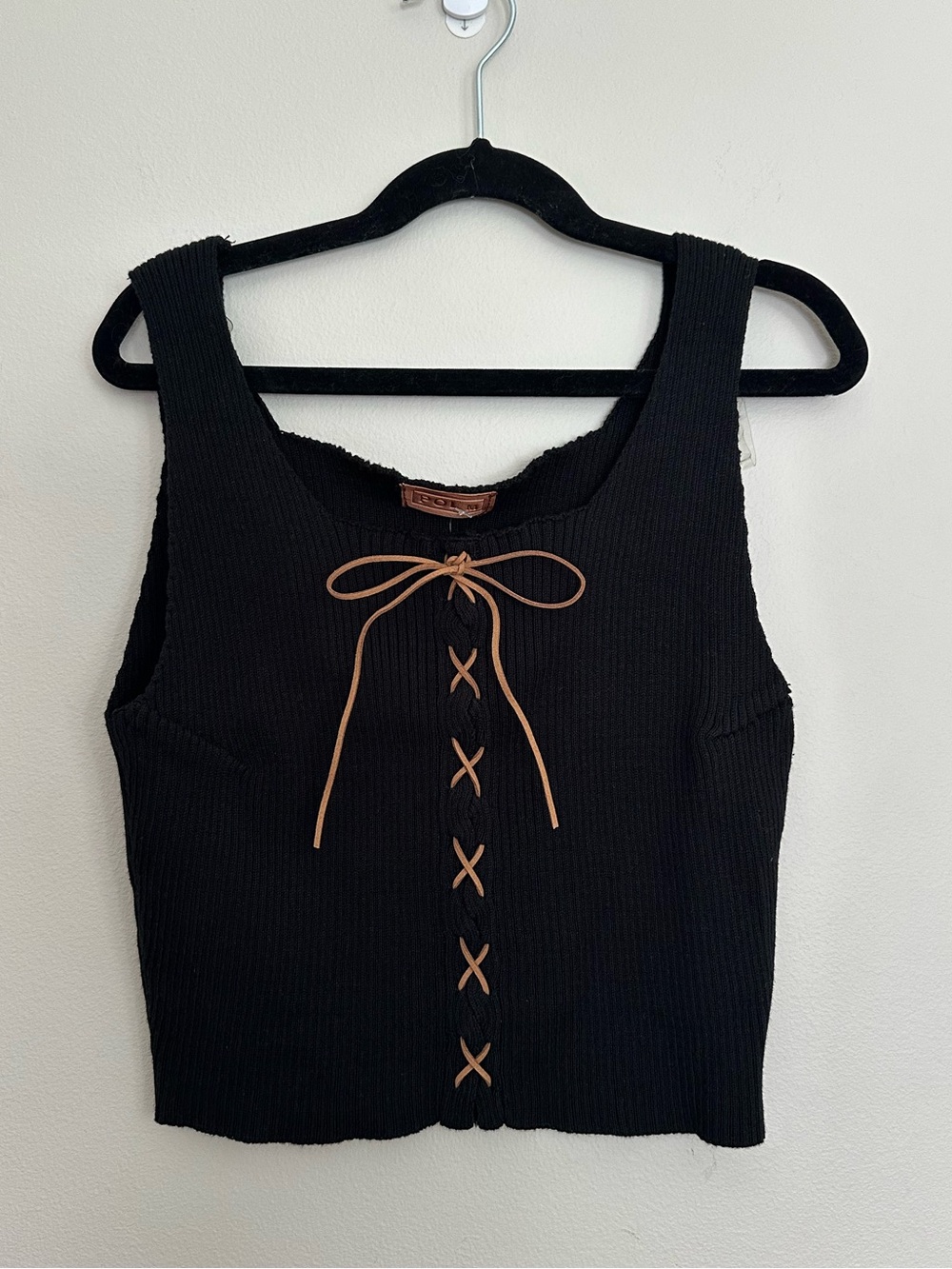 POL Black Ribbed Lace Up Crop Tank Brown Suede Boho Cottagecore Top Size M